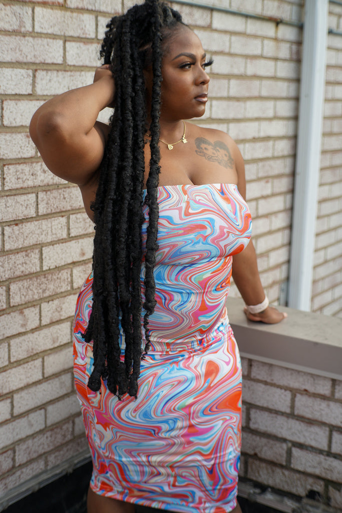 swirl bodycon dress 70s Psychedelic Mini Dress: Lava Orange Teal Swirl Bodycon